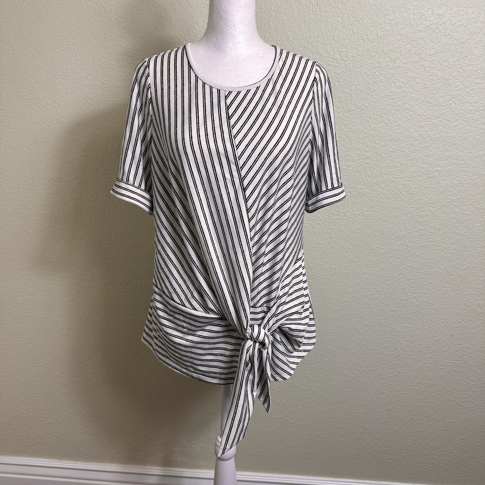 Perception Concept Women's Blouse Top White‎ with Black Stripes Size S Tie Waist